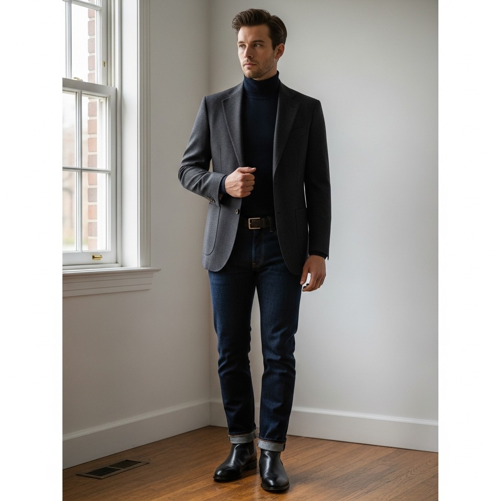 Turtleneck + Blazer + Denim - Formal Western Style: 40 Outfit Ideas