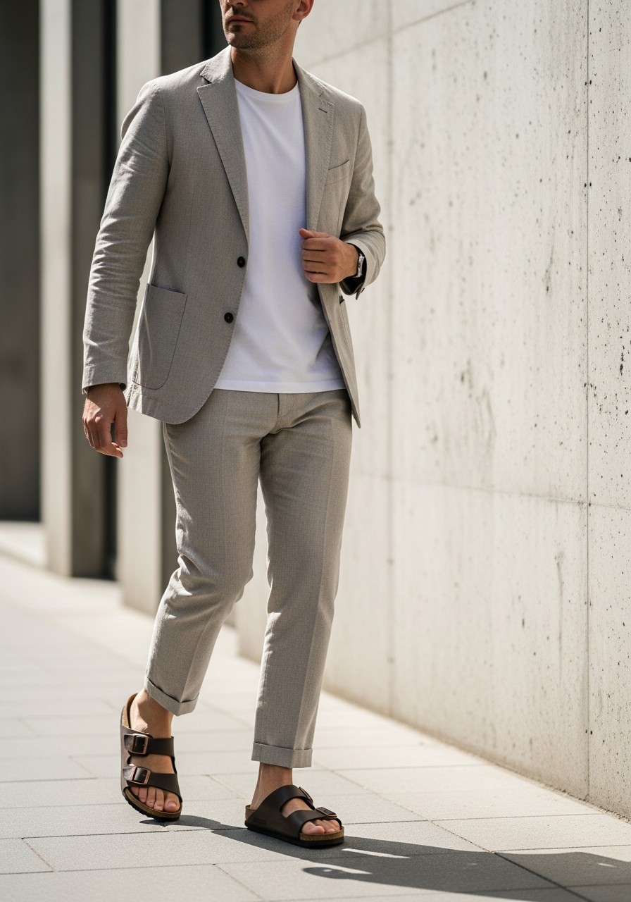 Ditch The Socks: Suit & Sandals - 50 Birkenstock Outfits for Men: The Ultimate Style Guide