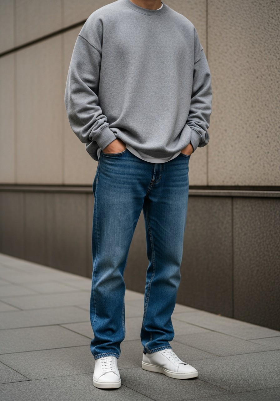 Grey Sweatshirt, Straight Denim - 50 Oversized Sweatshirt Outfit Ideas