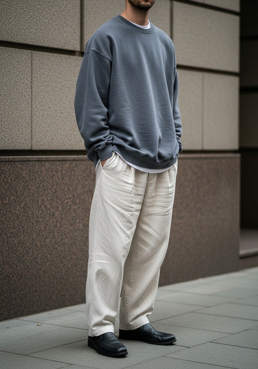 Muted Sweatshirt, Linen Pants - 50 Oversized Sweatshirt Outfit Ideas