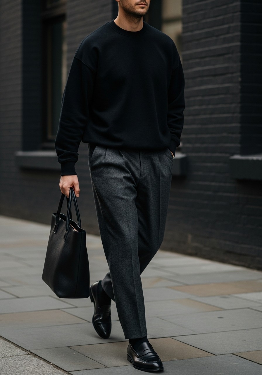 Black Sweatshirt, Tailored Pants - 50 Oversized Sweatshirt Outfit Ideas