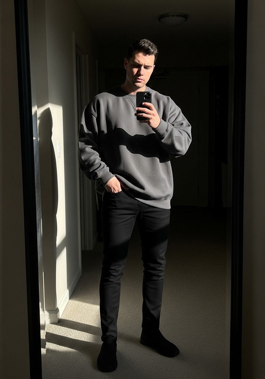 Charcoal Sweatshirt, Black Jeans - 50 Oversized Sweatshirt Outfit Ideas