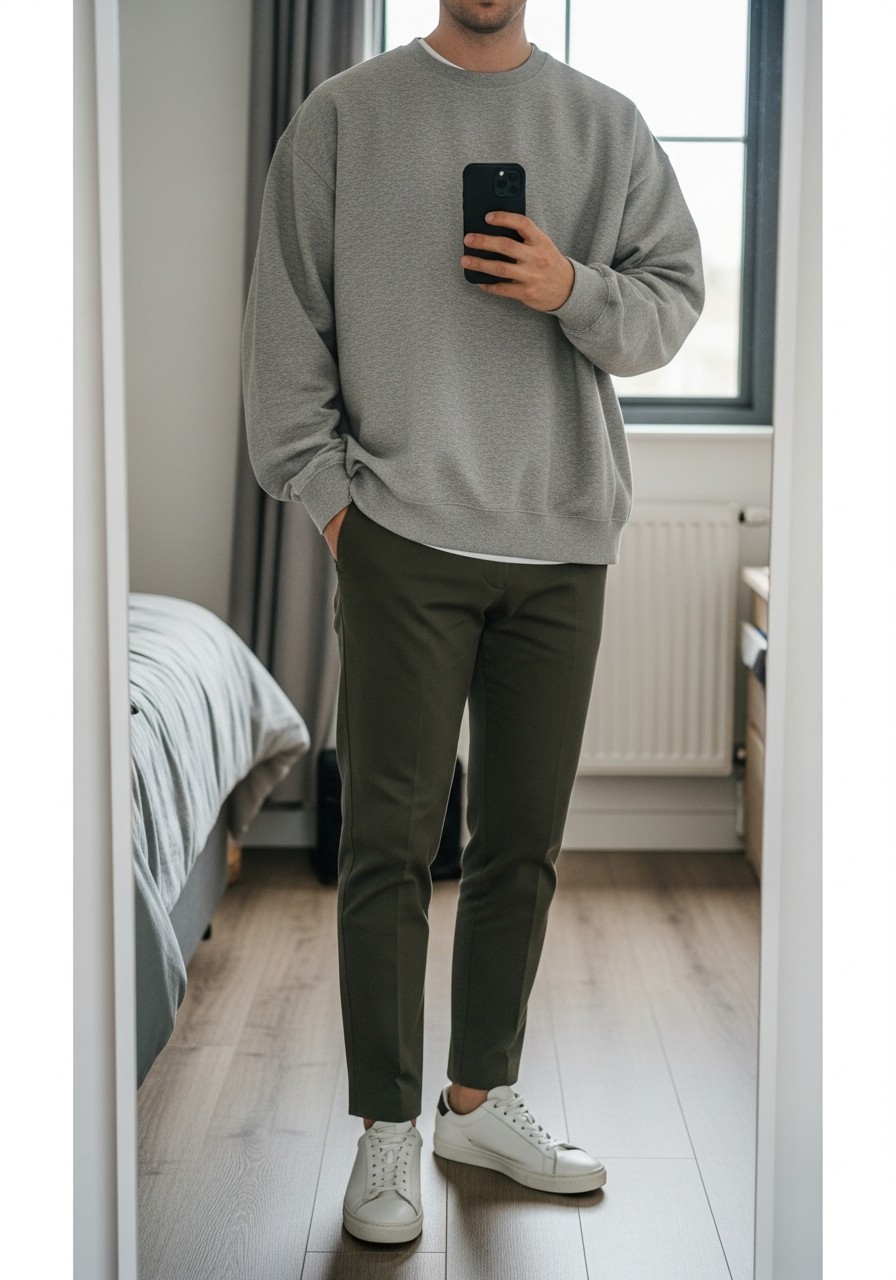 Boxy Sweatshirt, Tapered Khakis - 50 Oversized Sweatshirt Outfit Ideas