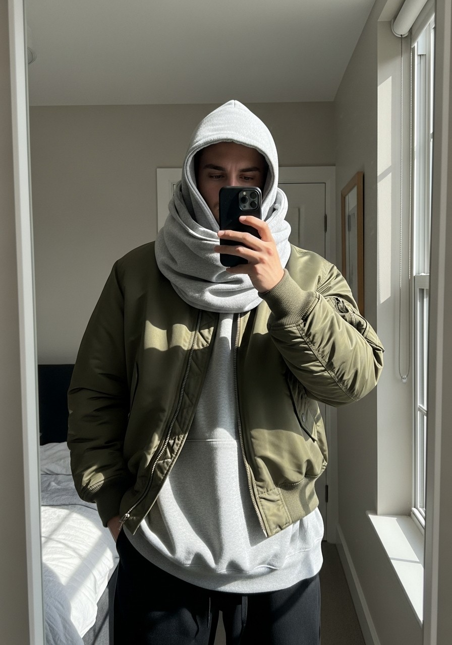 Hoodie Under Bomber Jacket - 50 Oversized Sweatshirt Outfit Ideas