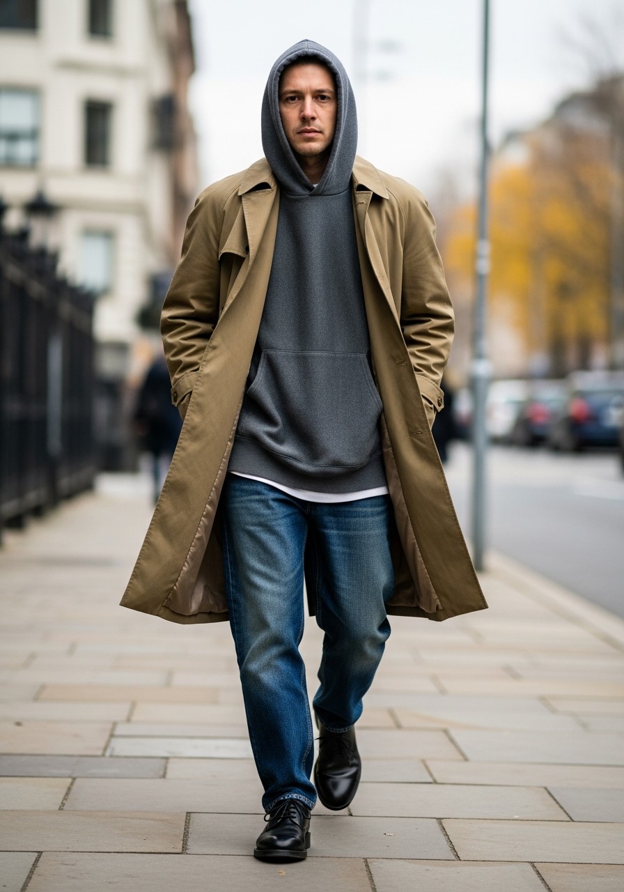 Sweatshirt Under Trench Coat - 50 Oversized Sweatshirt Outfit Ideas