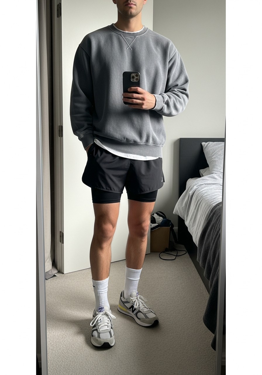 Sweatshirt, Athletic Shorts - 50 Oversized Sweatshirt Outfit Ideas