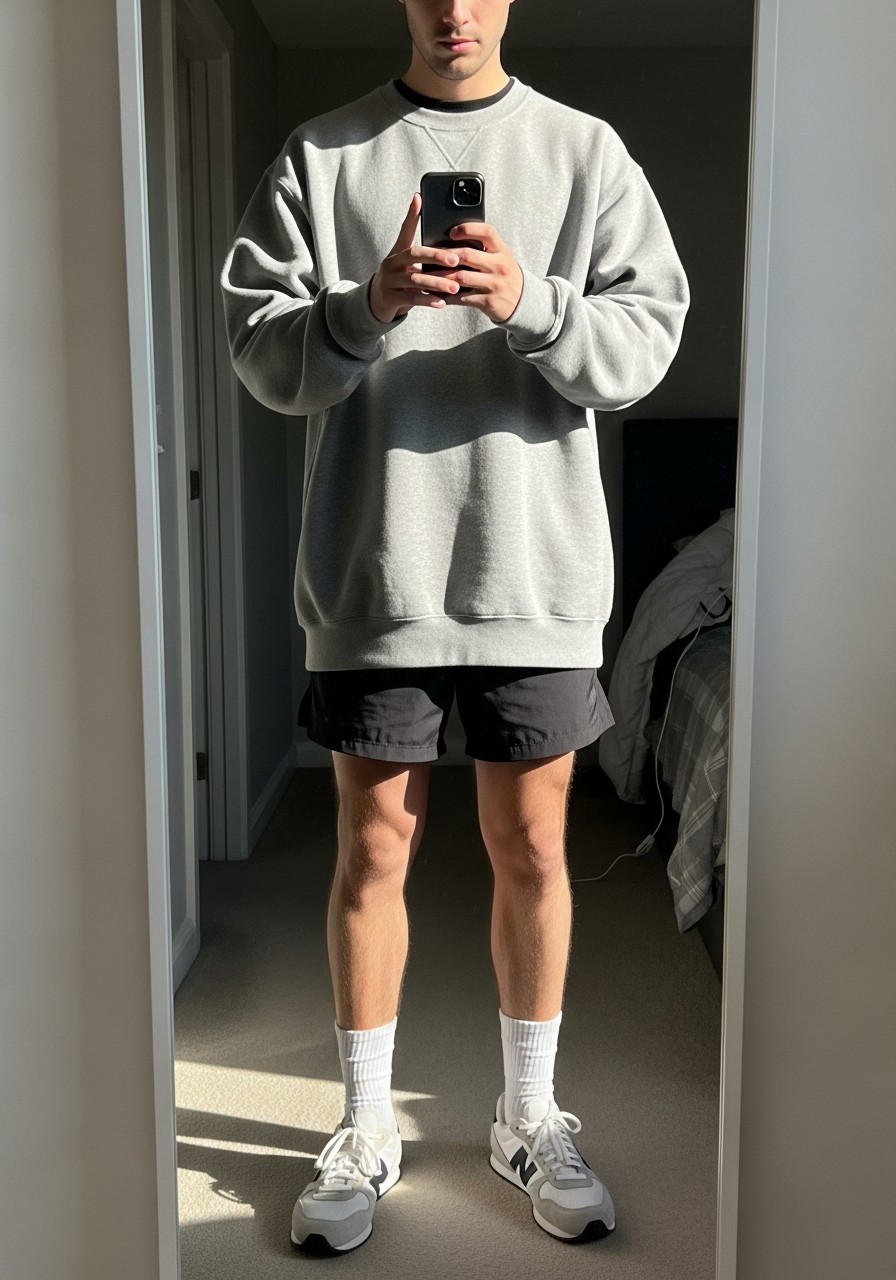 Oversized Sweatshirt, Gym Shorts - 50 Oversized Sweatshirt Outfit Ideas