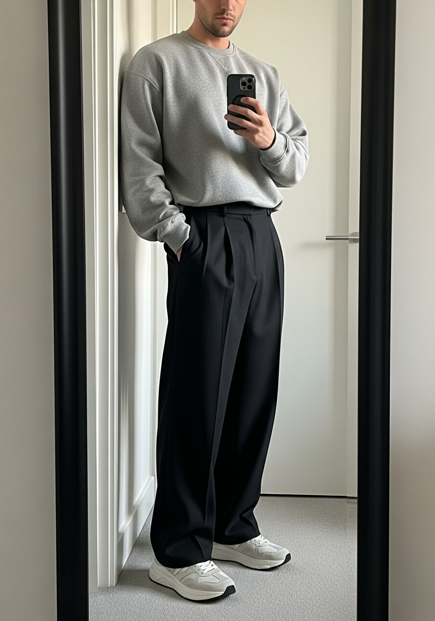 Sweatshirt, Wide Tailored Pants - 50 Oversized Sweatshirt Outfit Ideas