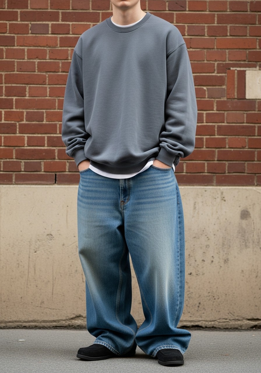 Neutral Crewneck, Baggy Jeans - 50 Oversized Sweatshirt Outfit Ideas