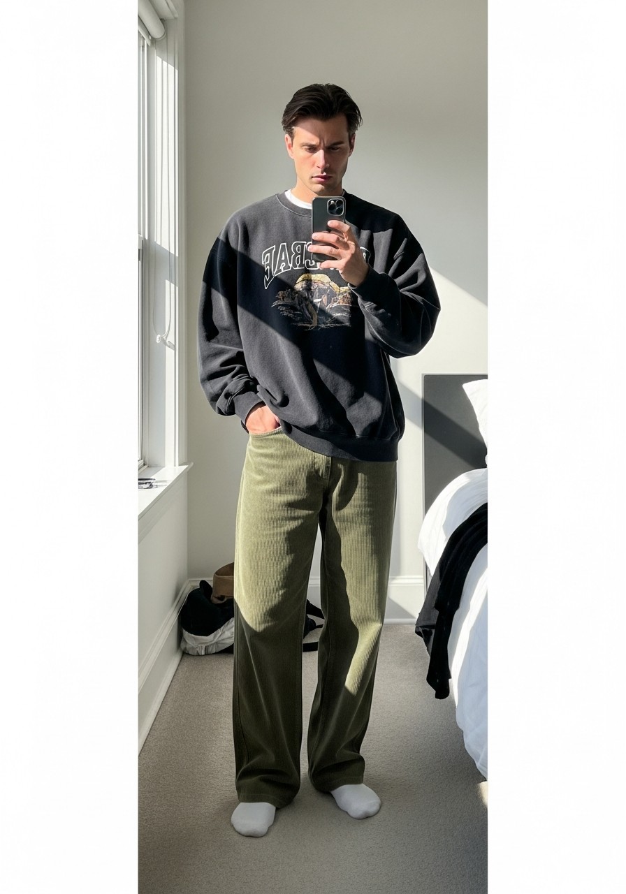 Vintage Sweatshirt, Corduroy Pants - 50 Oversized Sweatshirt Outfit Ideas