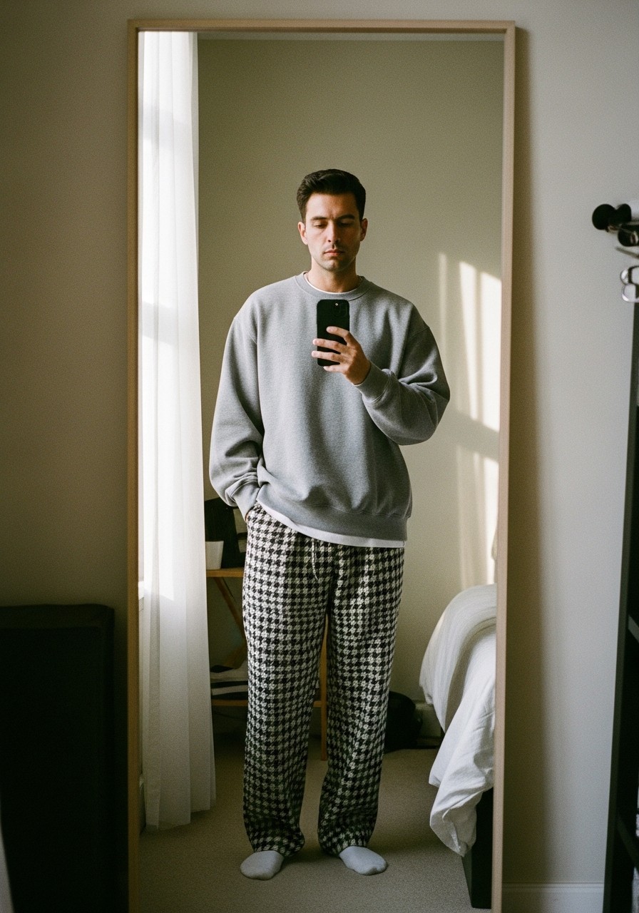 Sweatshirt, Patterned Trousers - 50 Oversized Sweatshirt Outfit Ideas