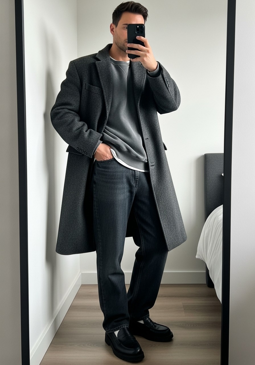 Sweatshirt, Wool Overcoat - 50 Oversized Sweatshirt Outfit Ideas