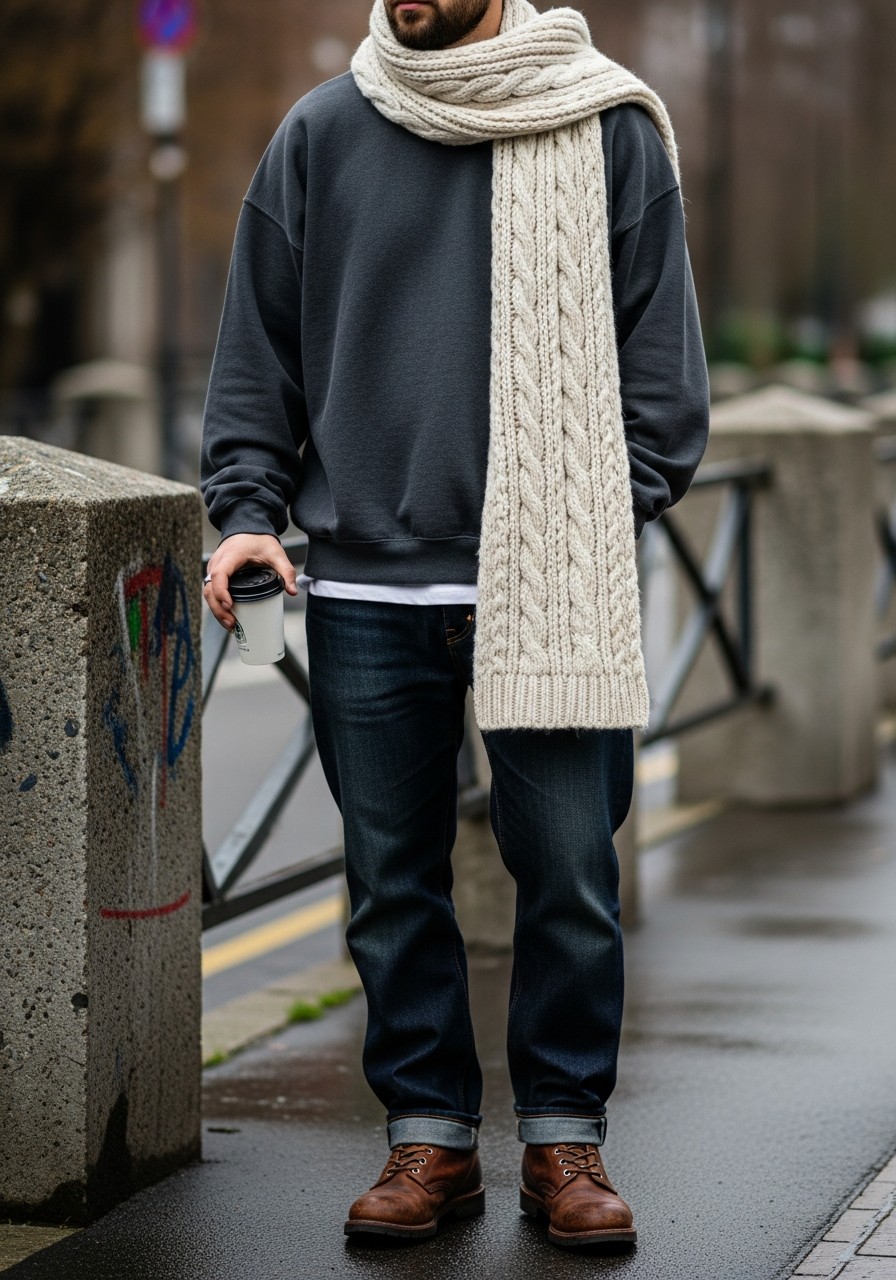 Sweatshirt, Scarf, Boots - 50 Oversized Sweatshirt Outfit Ideas