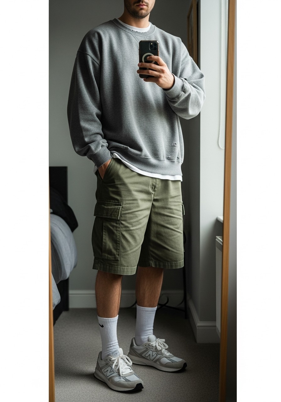 Sweatshirt, Cargo Shorts, Sneakers - 50 Oversized Sweatshirt Outfit Ideas