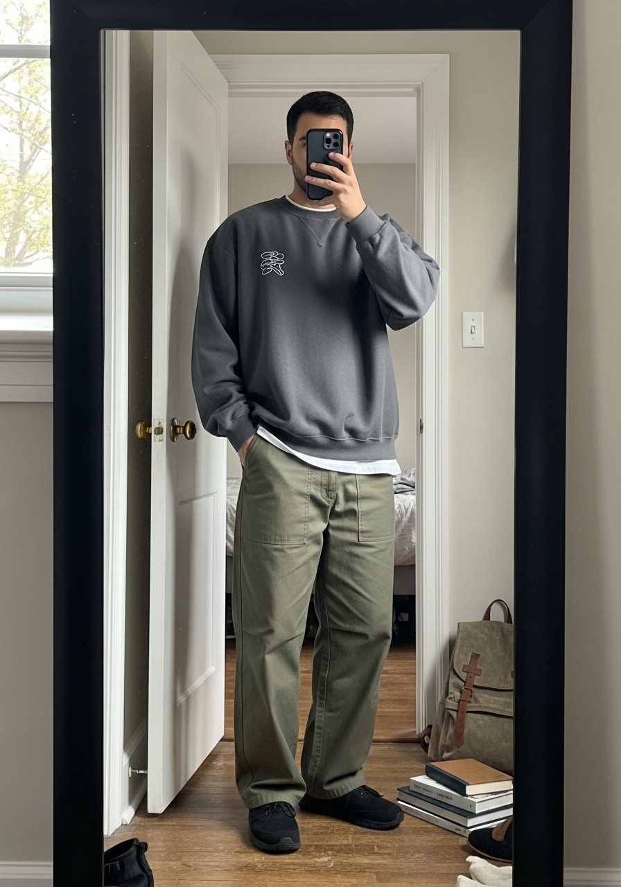 Graphic Sweatshirt, Utility Pants - 50 Oversized Sweatshirt Outfit Ideas