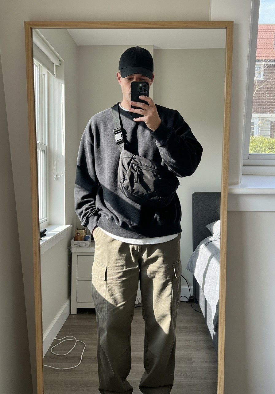 Sweatshirt, Cap, Crossbody Bag - 50 Oversized Sweatshirt Outfit Ideas