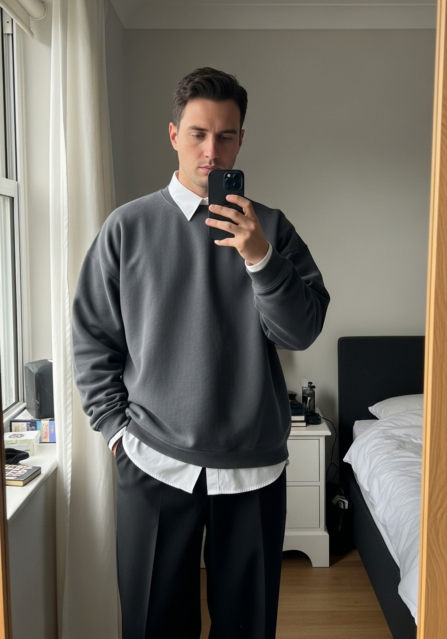 Sweatshirt Over Collared Shirt - 50 Oversized Sweatshirt Outfit Ideas