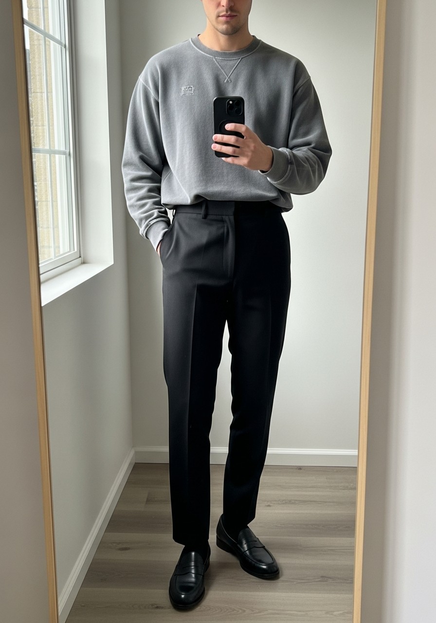 Sweatshirt, Pleated Trousers - 50 Oversized Sweatshirt Outfit Ideas