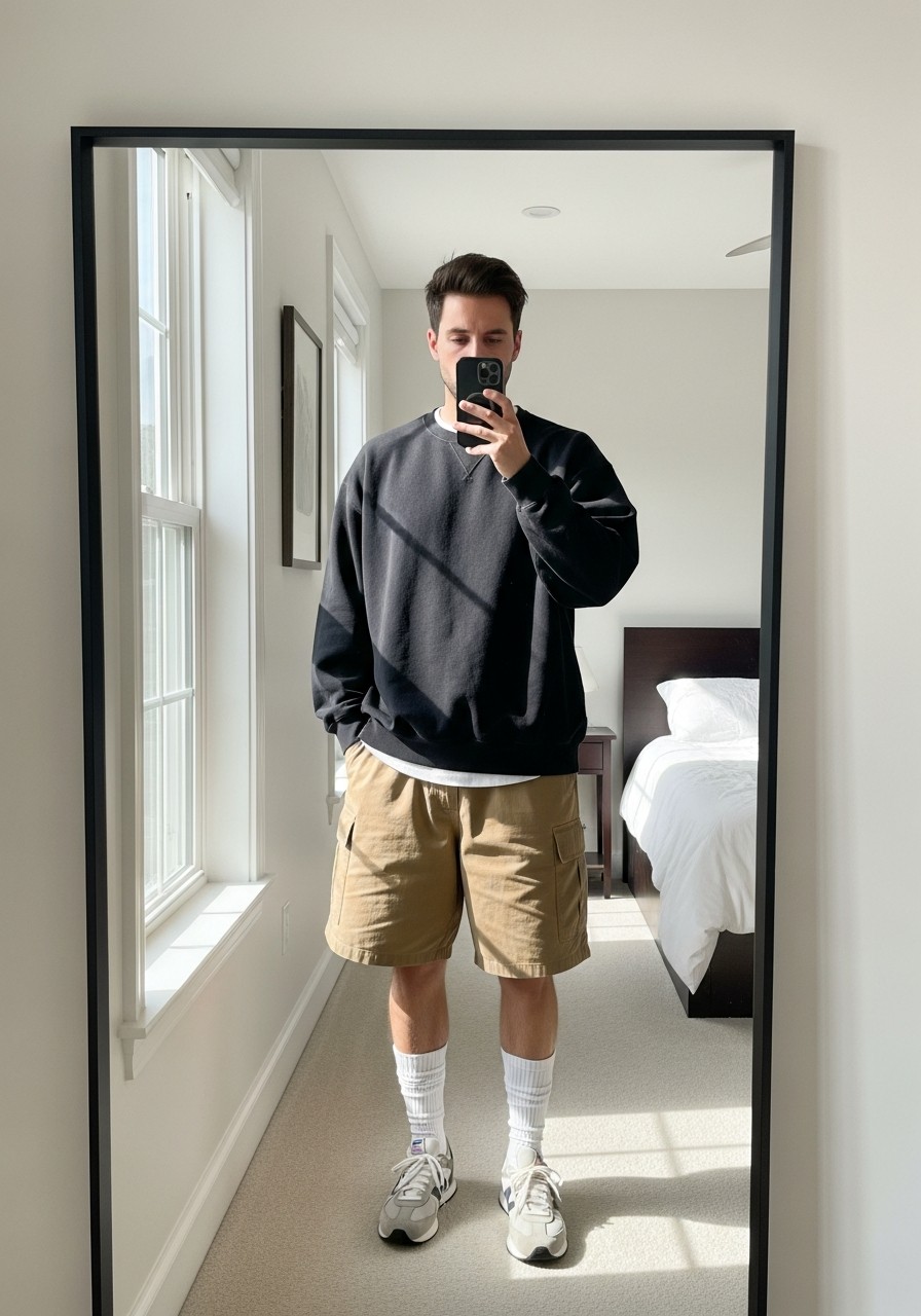 Sweatshirt, Cargo Shorts - 50 Oversized Sweatshirt Outfit Ideas