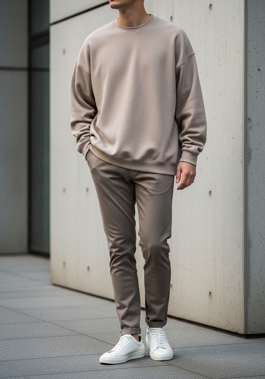 Beige Sweatshirt, Slim Chinos - 50 Oversized Sweatshirt Outfit Ideas
