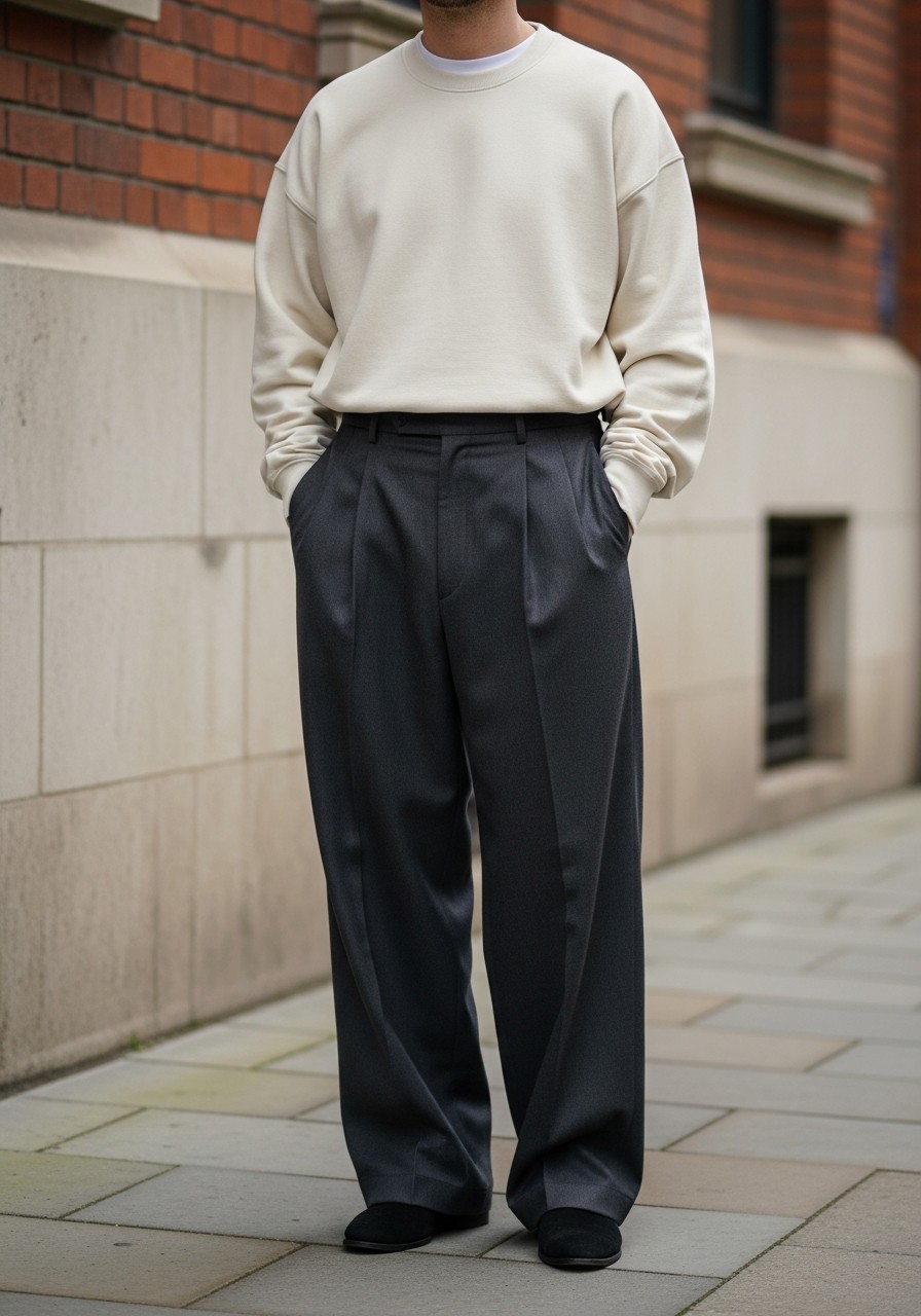Cream Sweatshirt, Wide Trousers - 50 Oversized Sweatshirt Outfit Ideas