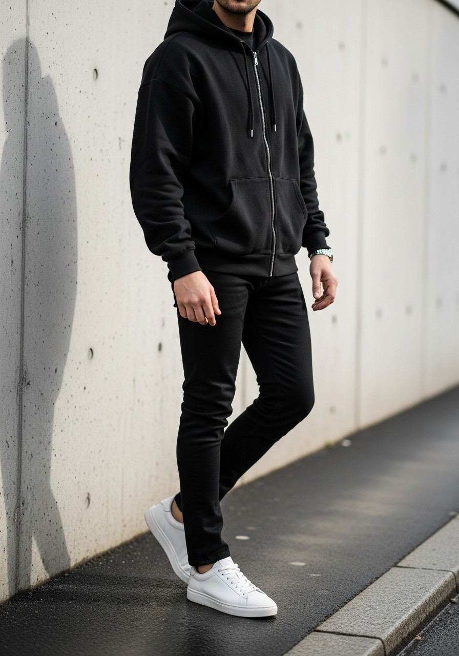 Black Street Base - 50 Zip-Up Hoodie Outfit Ideas for Men