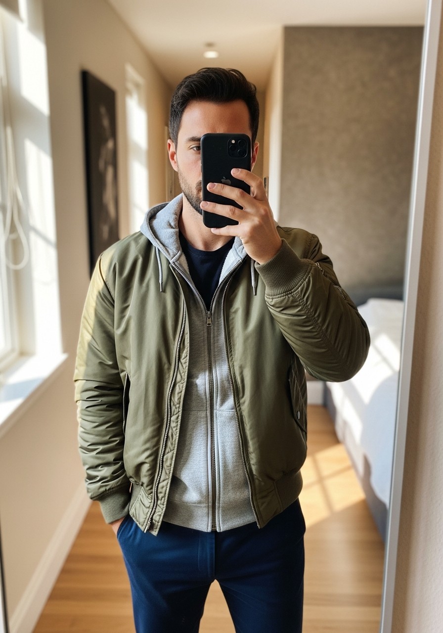 Bomber Layering - 50 Zip-Up Hoodie Outfit Ideas for Men
