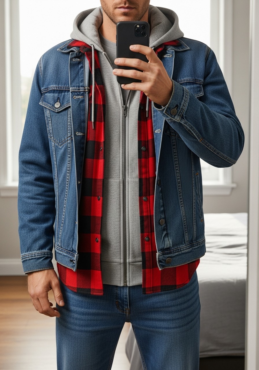Flannel and Denim Stack - 50 Zip-Up Hoodie Outfit Ideas for Men