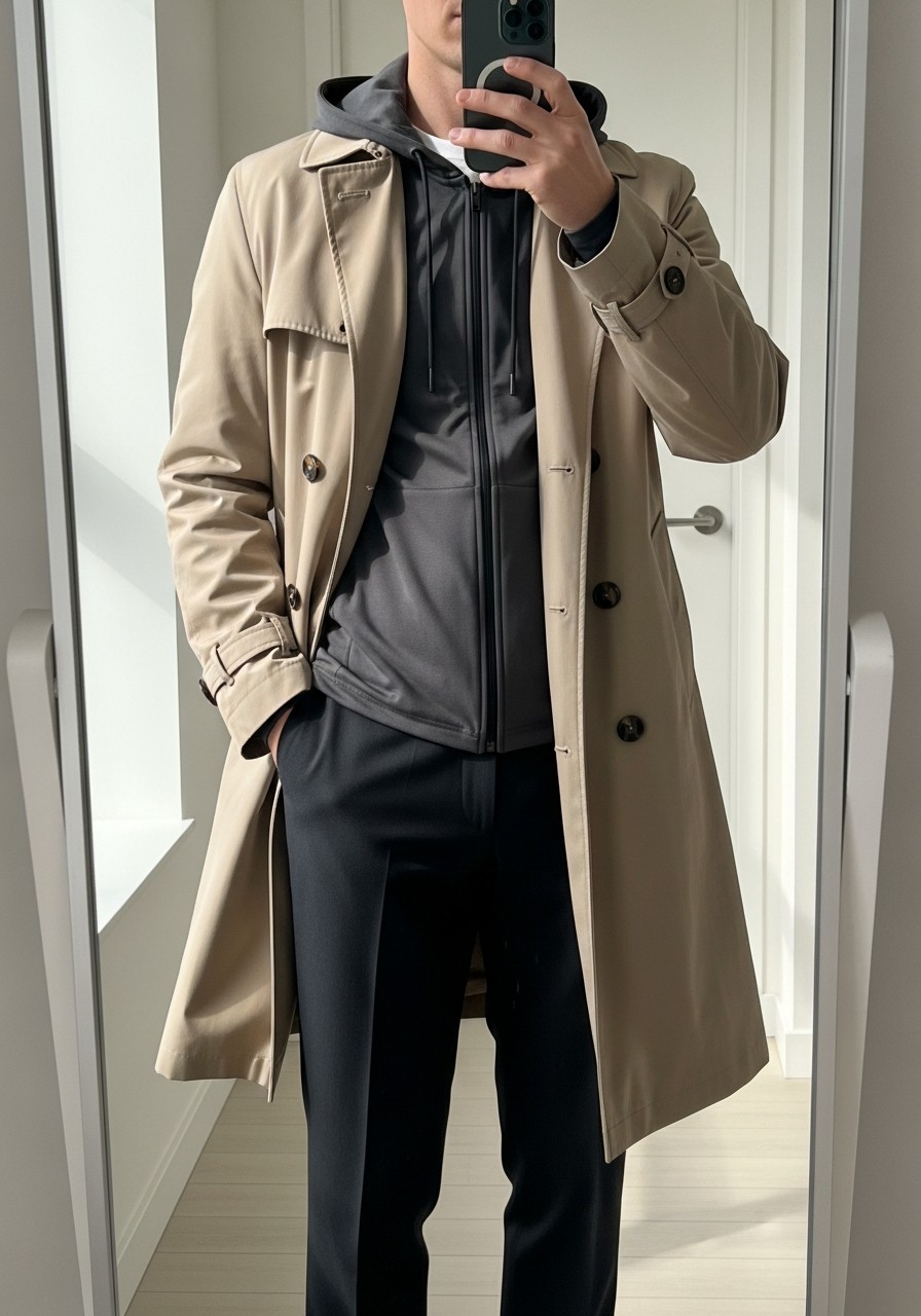 Trench Coat Layer - 50 Zip-Up Hoodie Outfit Ideas for Men