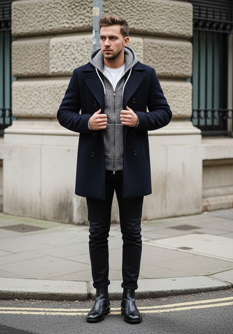 Pea Coat Polish - 50 Zip-Up Hoodie Outfit Ideas for Men