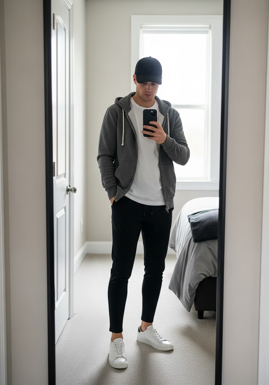 Cap and Tapered Joggers - 50 Zip-Up Hoodie Outfit Ideas for Men