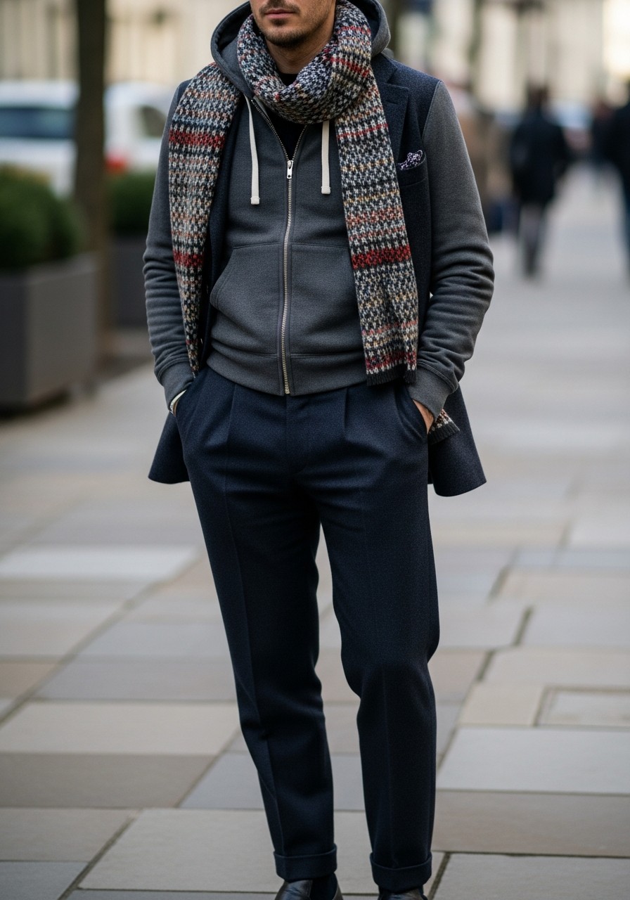 Scarf and Wool Pants - 50 Zip-Up Hoodie Outfit Ideas for Men