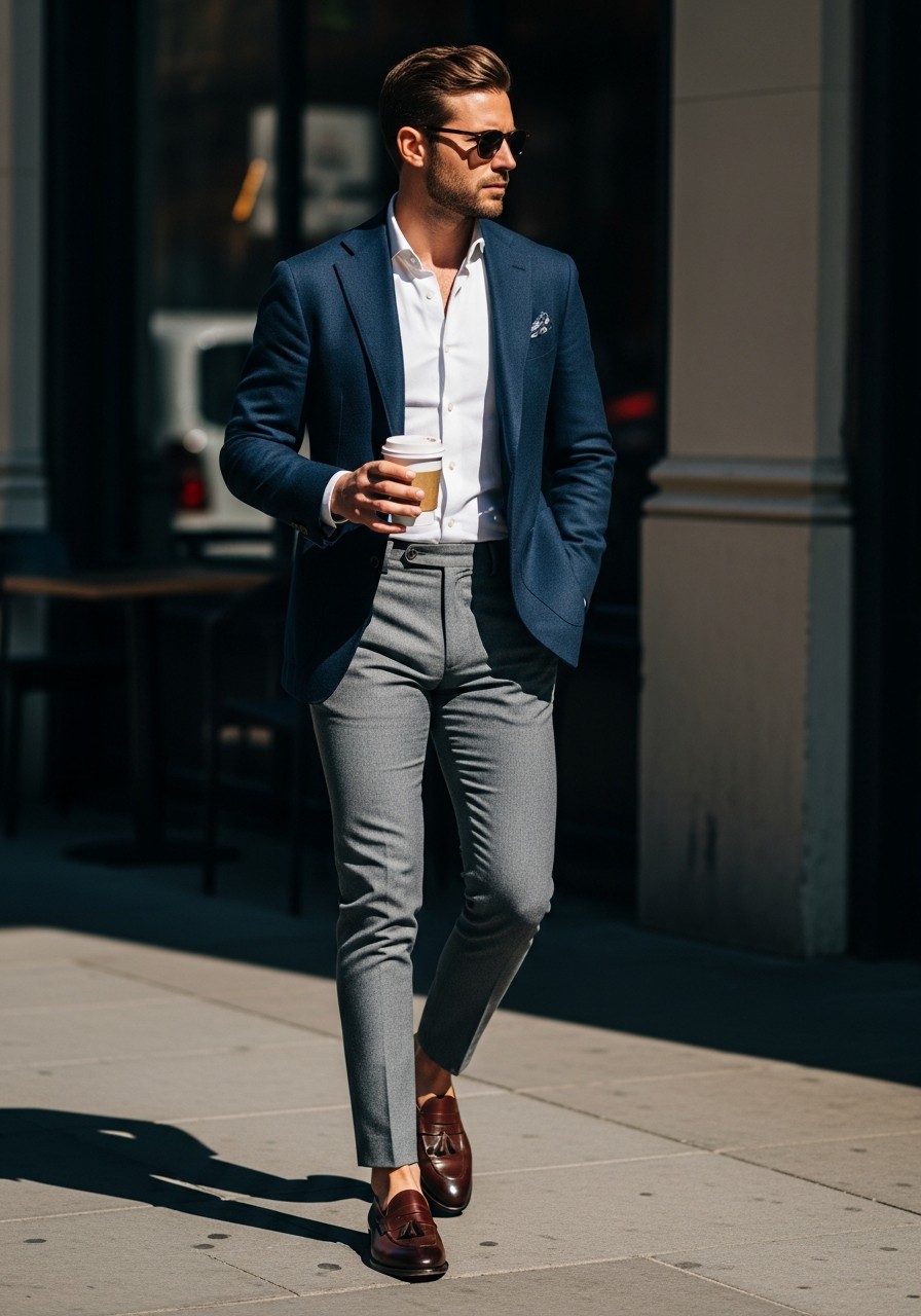 Navy Blazer, Grey Chinos - 50 Men’s Business Casual Outfit Ideas