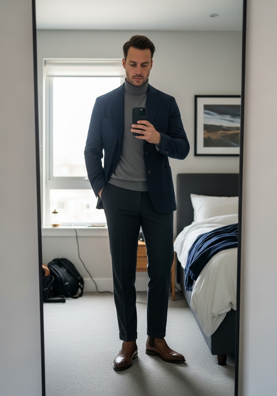 Turtleneck Under Blazer - 50 Men’s Business Casual Outfit Ideas