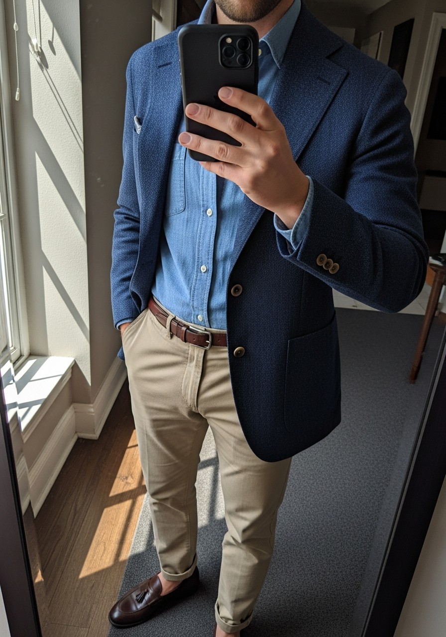 Chambray, Navy Sport Coat - 50 Men’s Business Casual Outfit Ideas