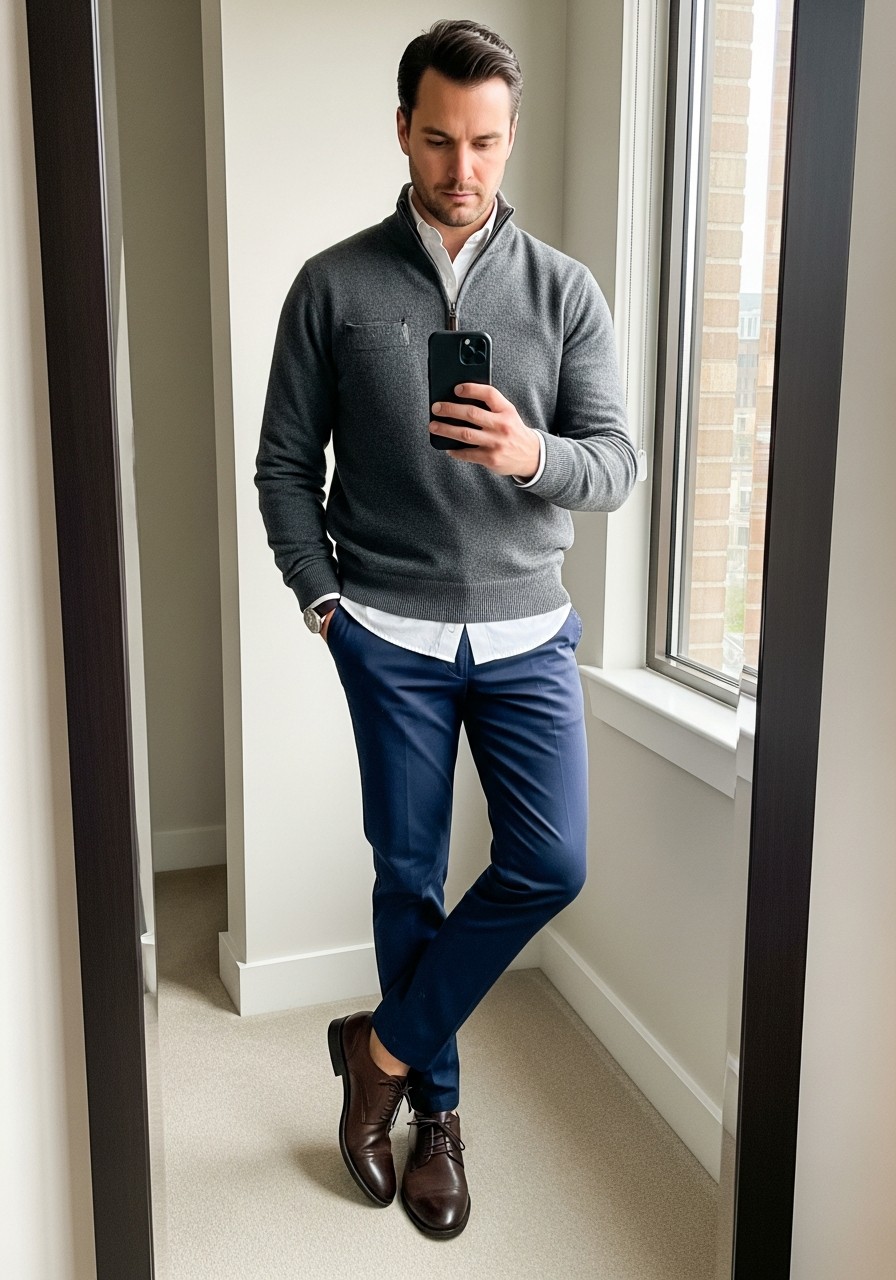Quarter-Zip Layering - 50 Men’s Business Casual Outfit Ideas