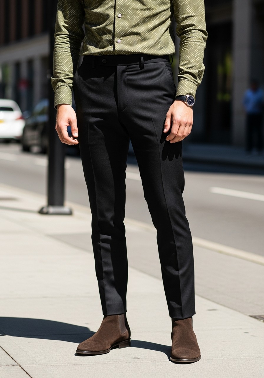 Pattern Shirt, Suede Boots - 50 Men’s Business Casual Outfit Ideas