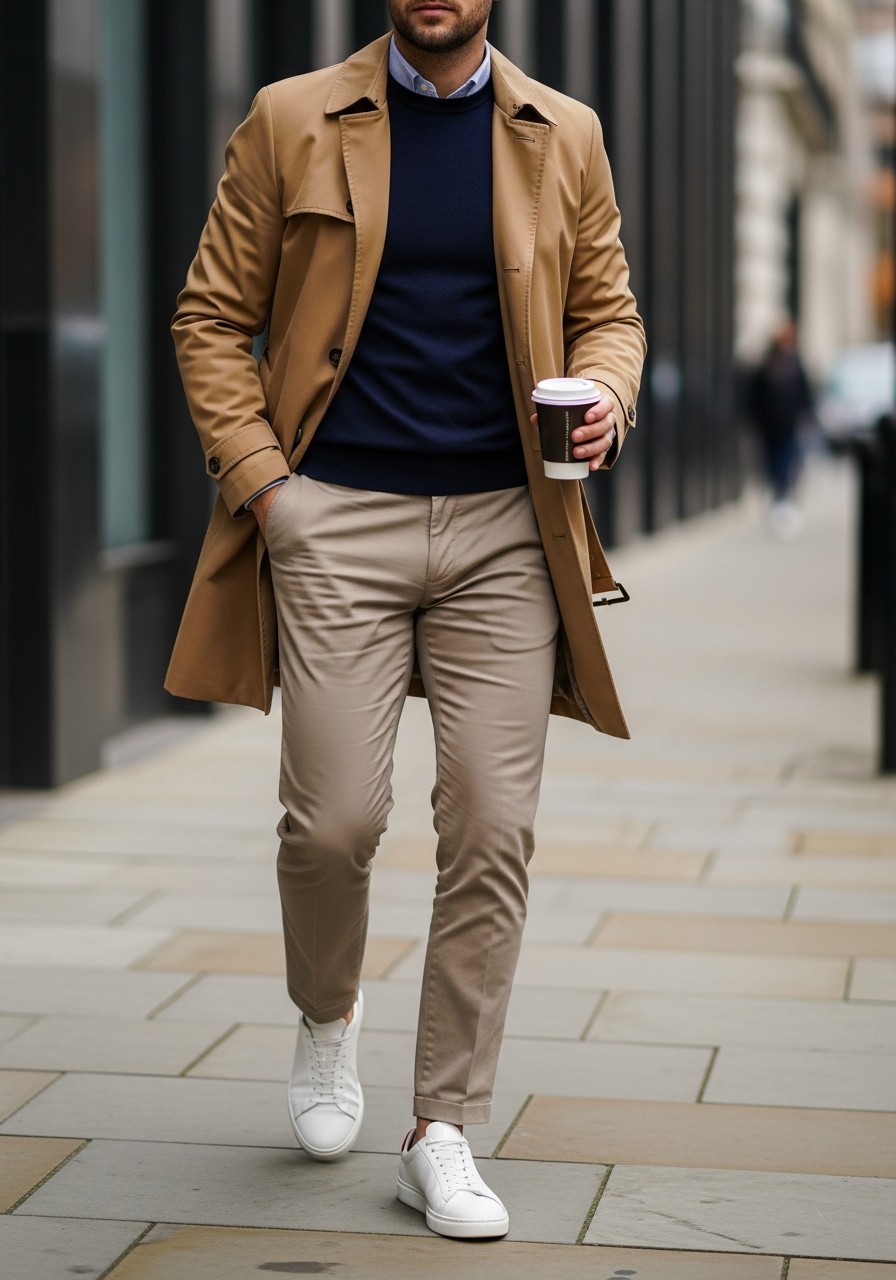 Trench Coat, Navy Knit - 50 Men’s Business Casual Outfit Ideas