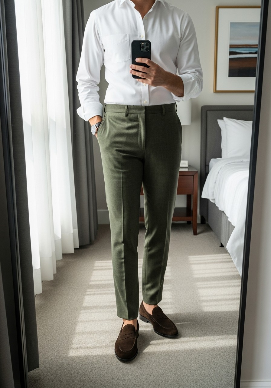 Olive Chinos, Loafers - 50 Men’s Business Casual Outfit Ideas