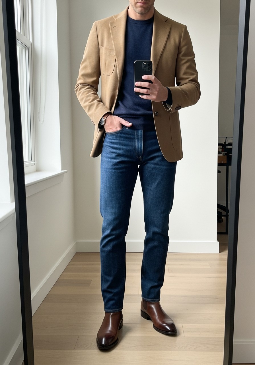 Tan Blazer, Dark Denim - 50 Men’s Business Casual Outfit Ideas