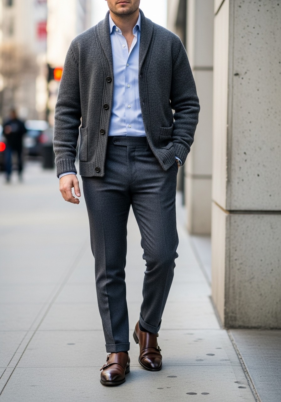 Charcoal Cardigan Look - 50 Men’s Business Casual Outfit Ideas
