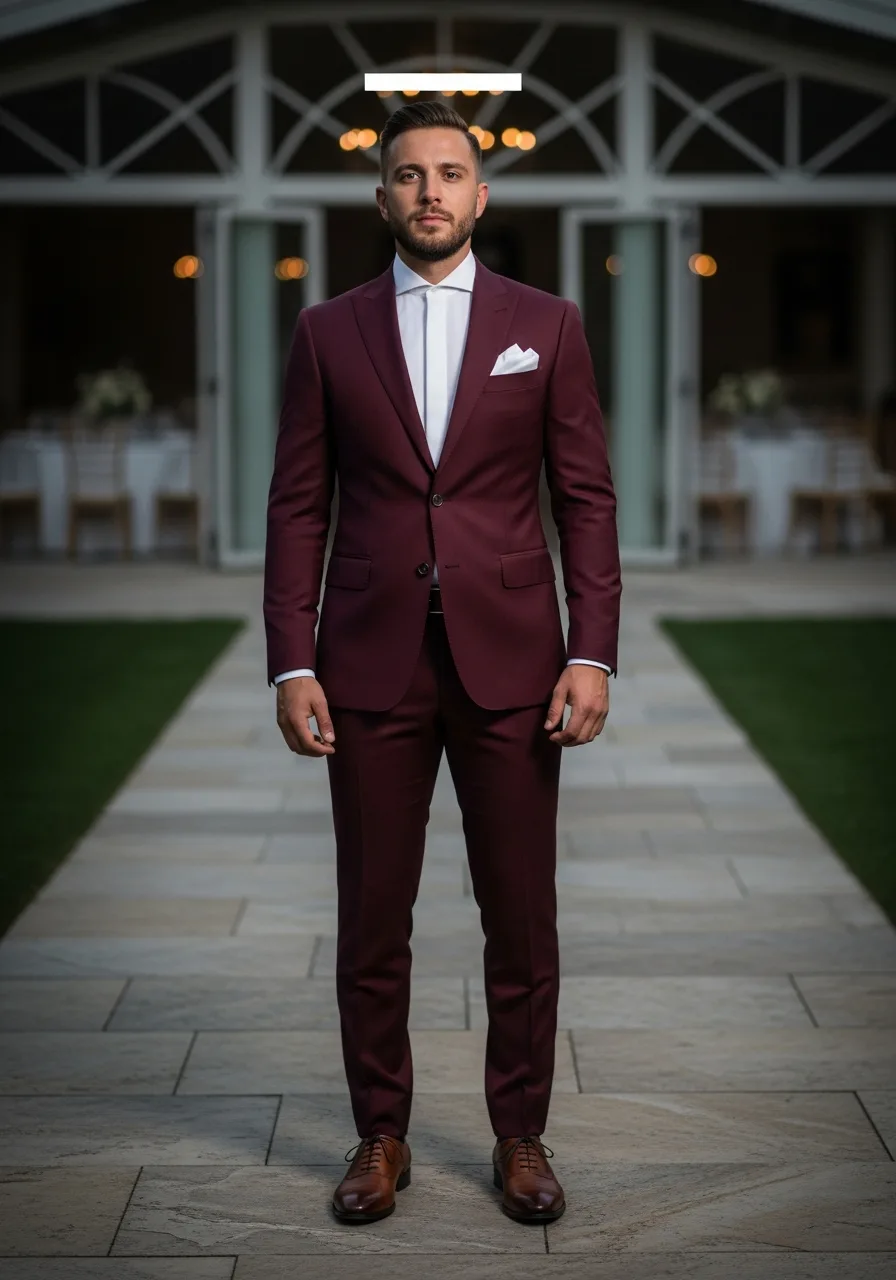 1. White Shirt Burgundy Suit