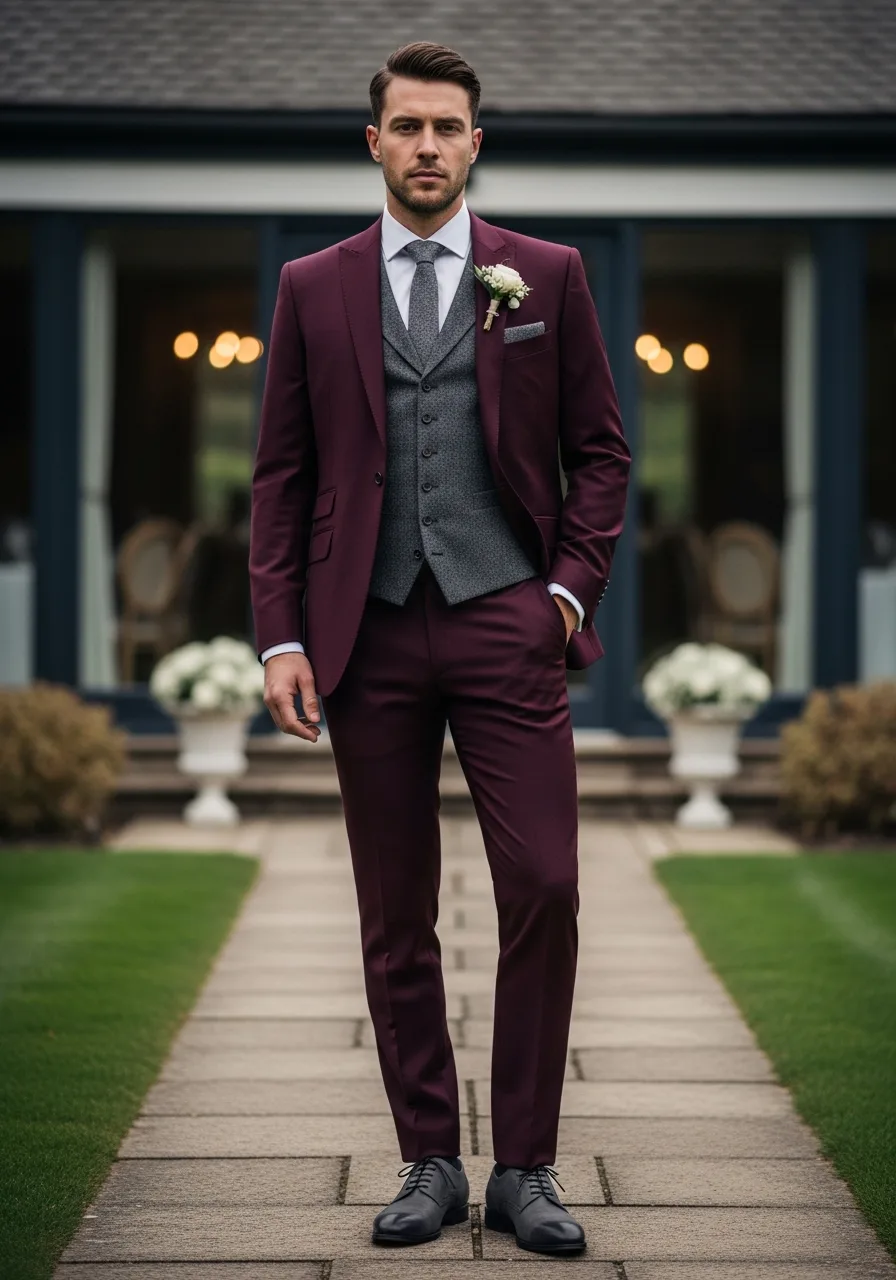 12. Charcoal Vest Burgundy Suit