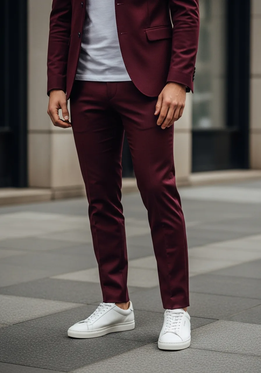 19. White Leather Sneakers Burgundy Suit