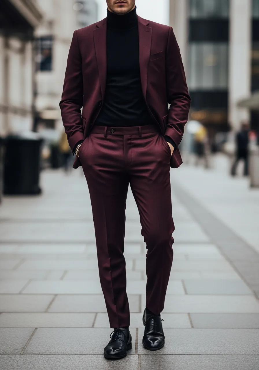 2. Black Turtleneck Burgundy Suit