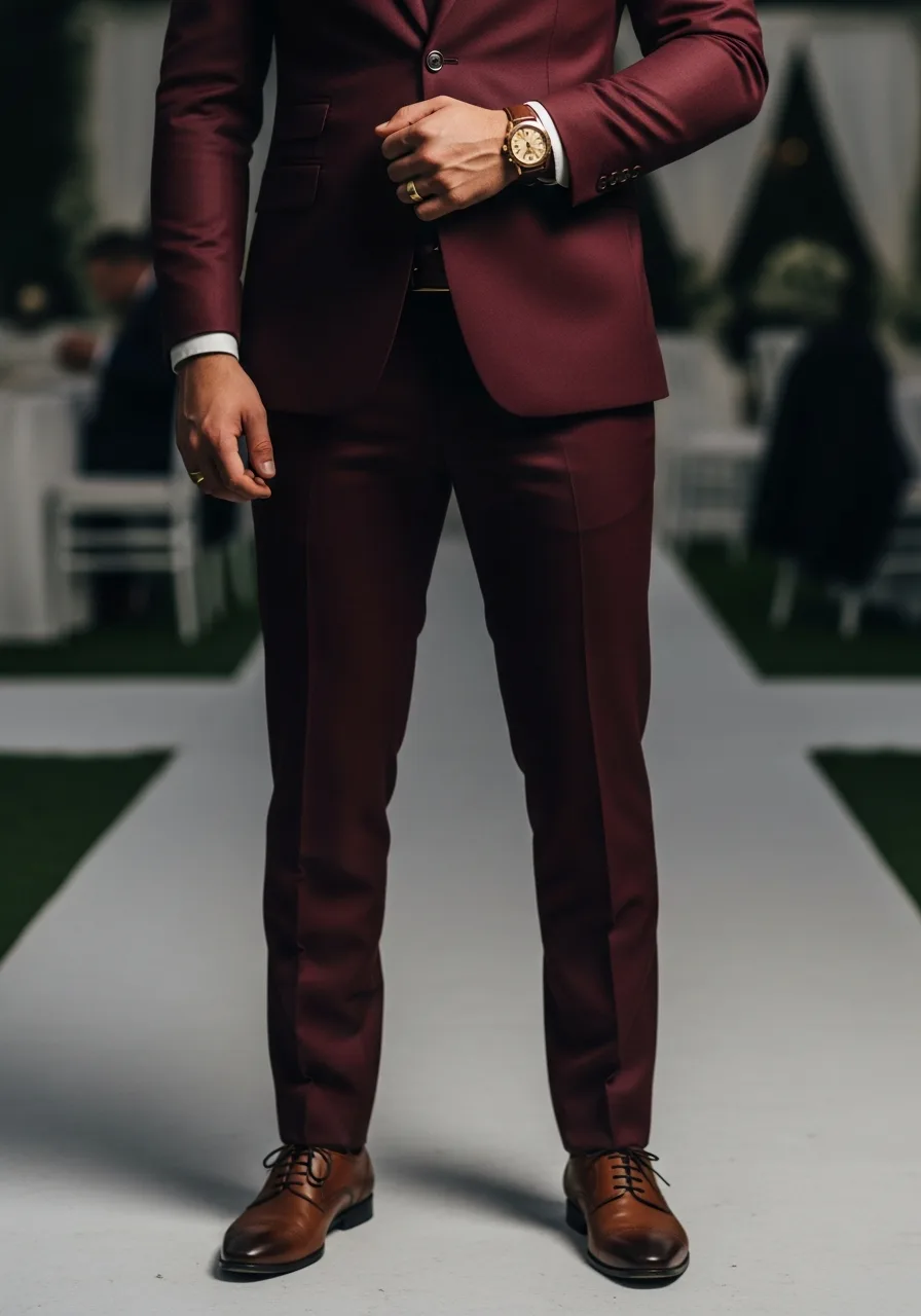22. Gold Accessories with Burgundy Suit