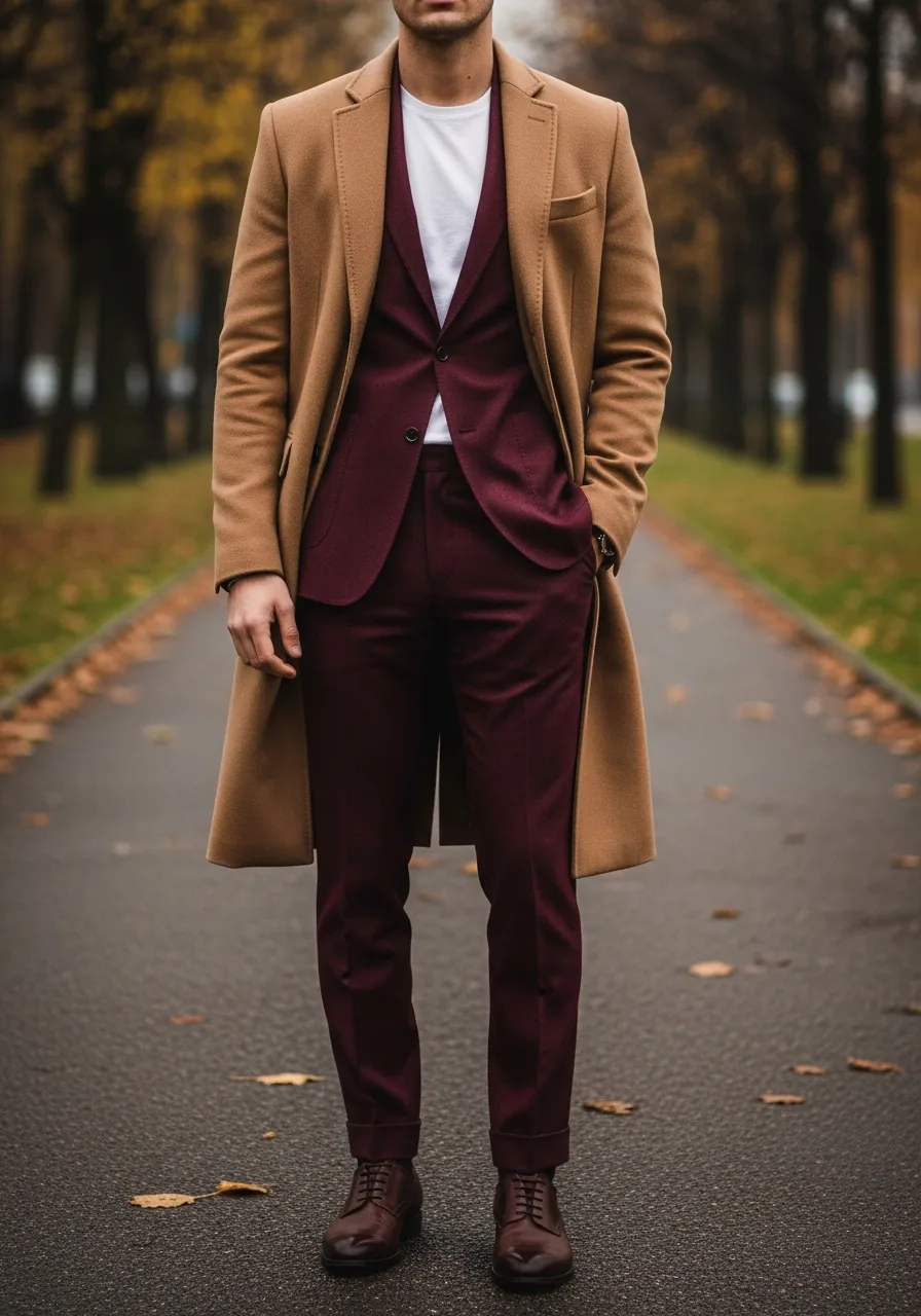 23. Camel Overcoat with Burgundy Suit