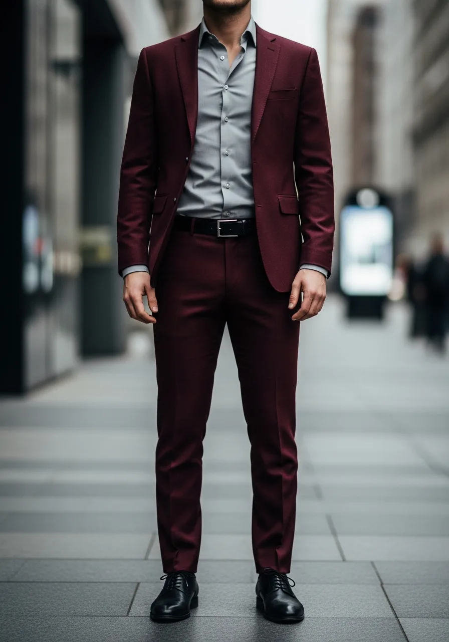 24. Grey Dress Shirt Burgundy Suit