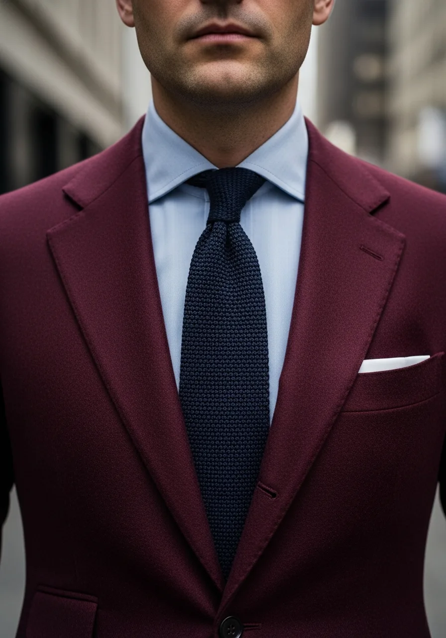 3. Navy Tie Burgundy Suit