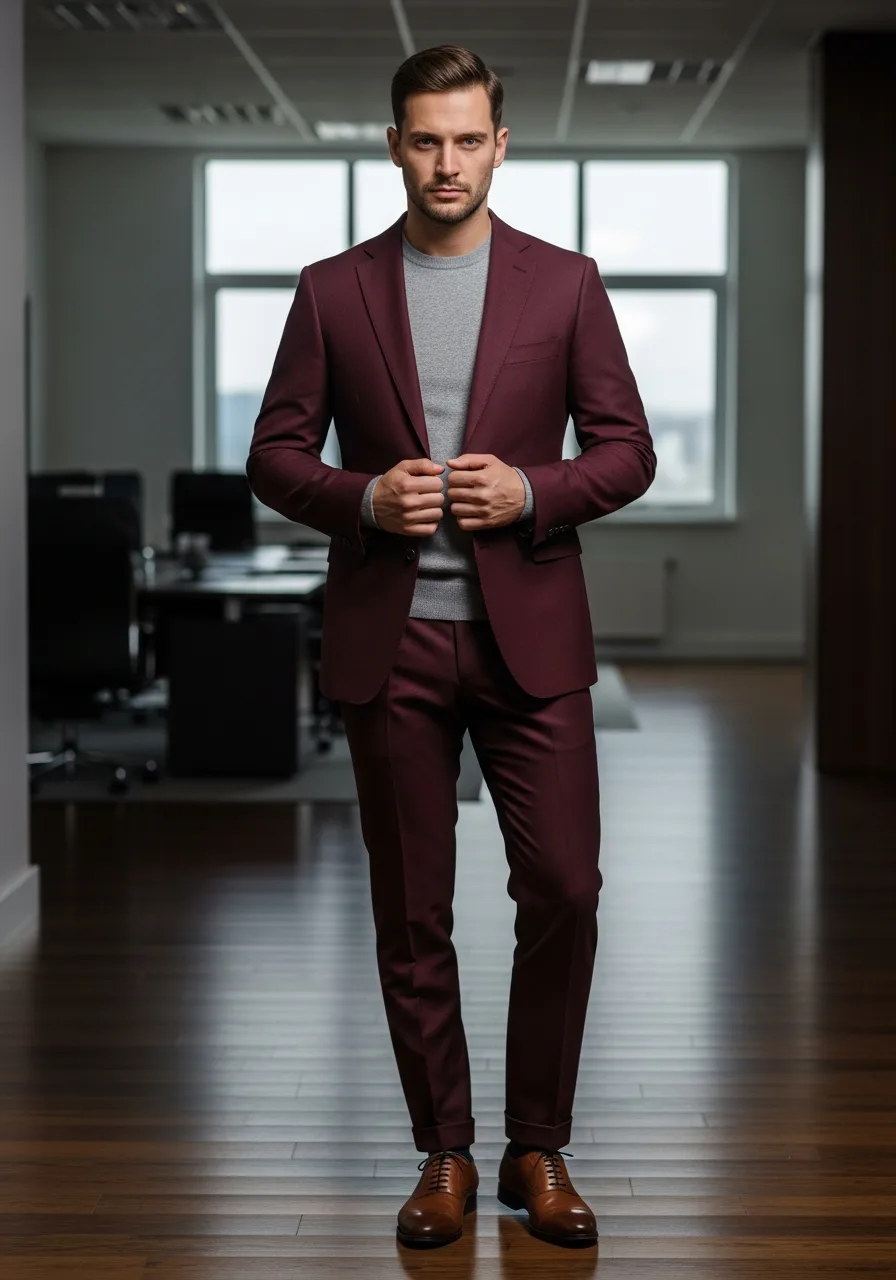 4. Grey Knit Burgundy Suit